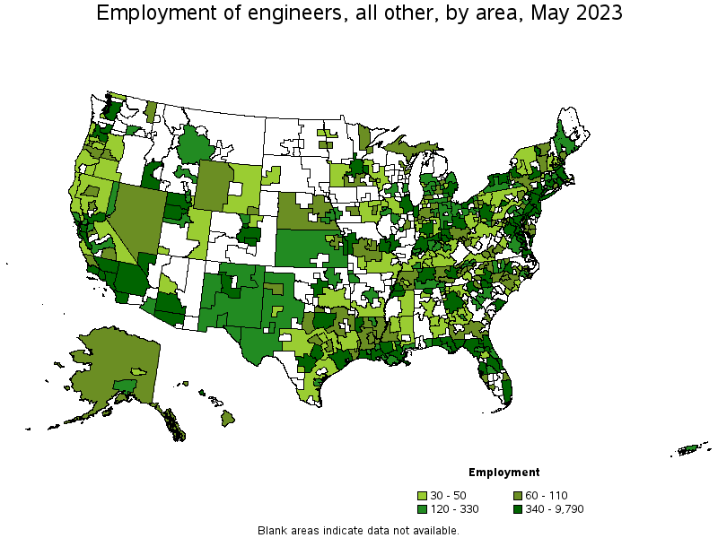 Map of employment of engineers, all other by area, May 2021