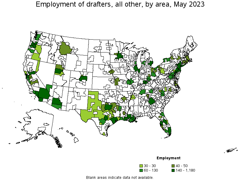 Map of employment of drafters, all other by area, May 2022
