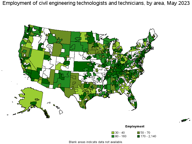 Map of employment of civil engineering technologists and technicians by area, May 2022
