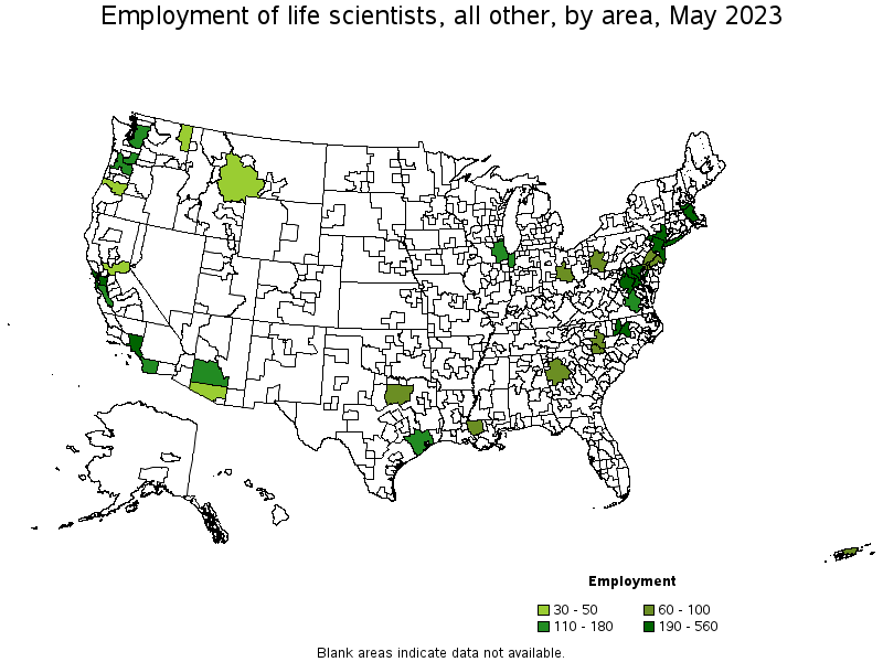 Map of employment of life scientists, all other by area, May 2021