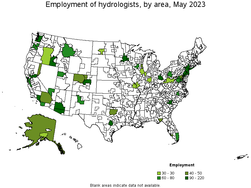 Map of employment of hydrologists by area, May 2022
