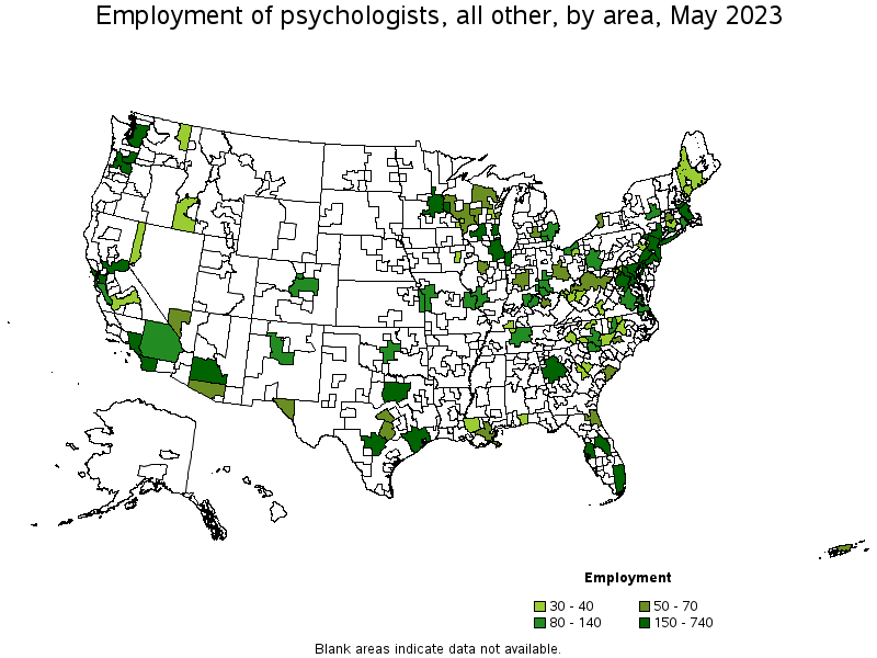 Map of employment of psychologists, all other by area, May 2021