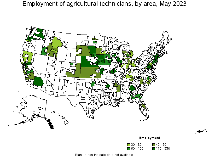 Map of employment of agricultural technicians by area, May 2021