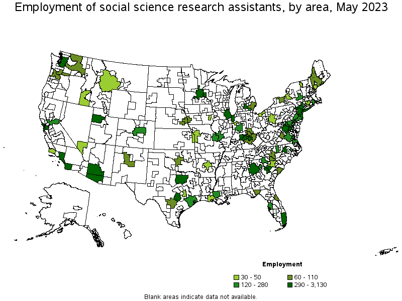 Map of employment of social science research assistants by area, May 2021
