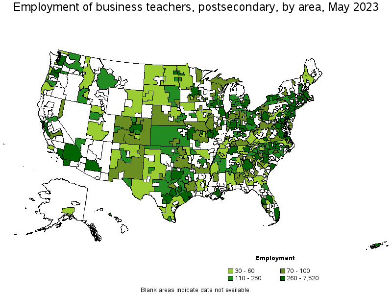 Map of employment of business teachers, postsecondary by area, May 2021