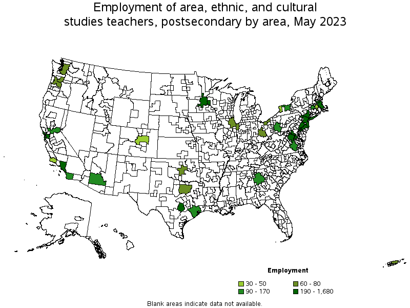 Map of employment of area, ethnic, and cultural studies teachers, postsecondary by area, May 2022