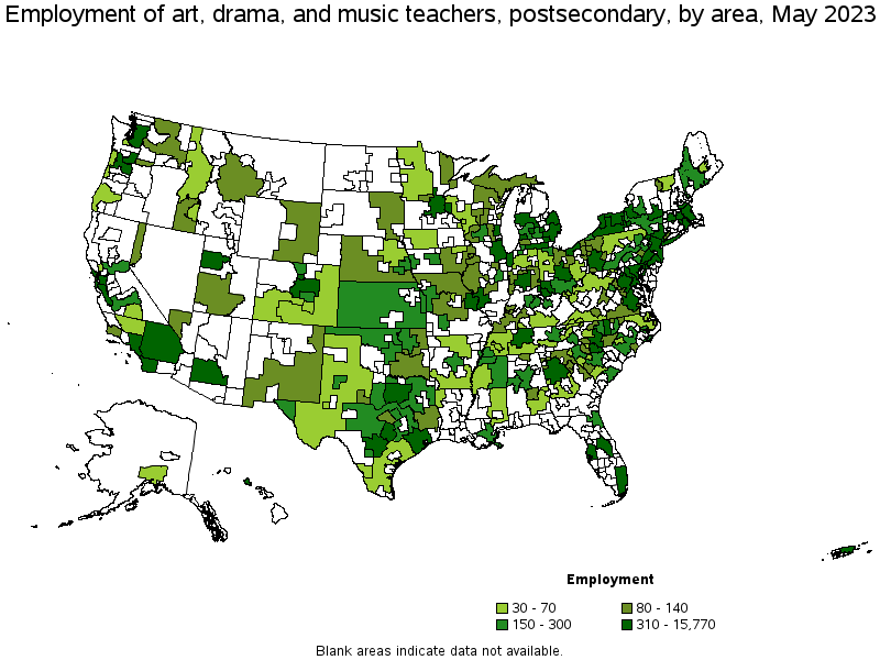 Map of employment of art, drama, and music teachers, postsecondary by area, May 2021