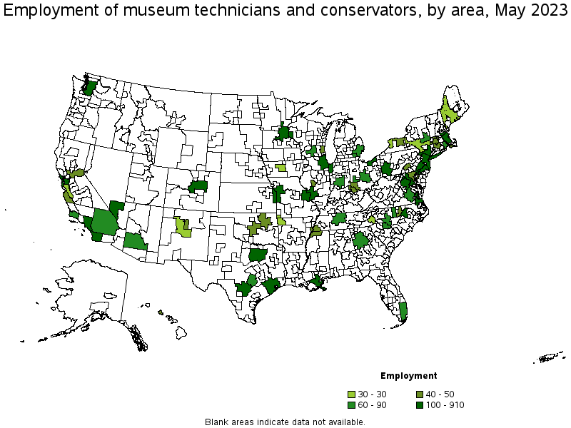 Map of employment of museum technicians and conservators by area, May 2022
