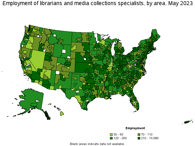 Map of employment of librarians and media collections specialists by area, May 2022