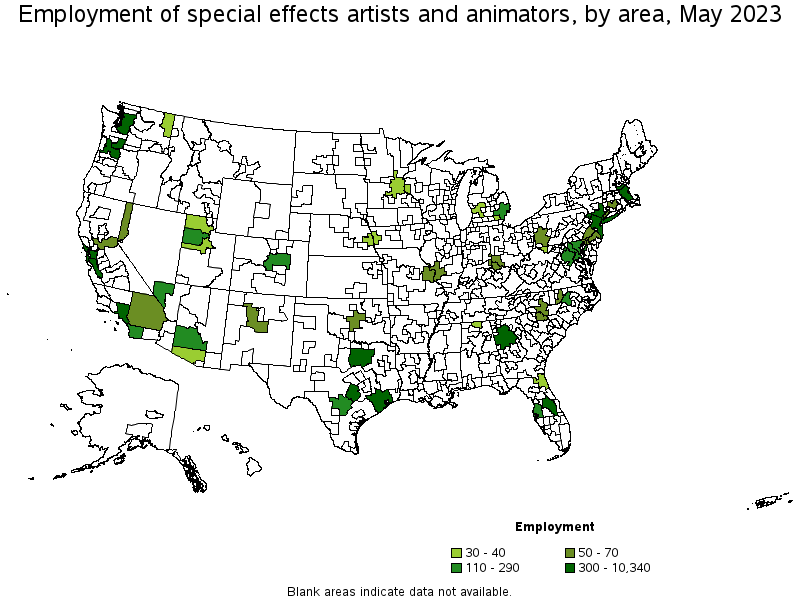 Map of employment of special effects artists and animators by area, May 2022