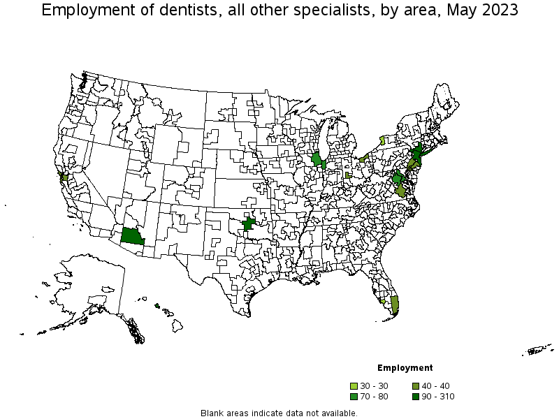 Map of employment of dentists, all other specialists by area, May 2021