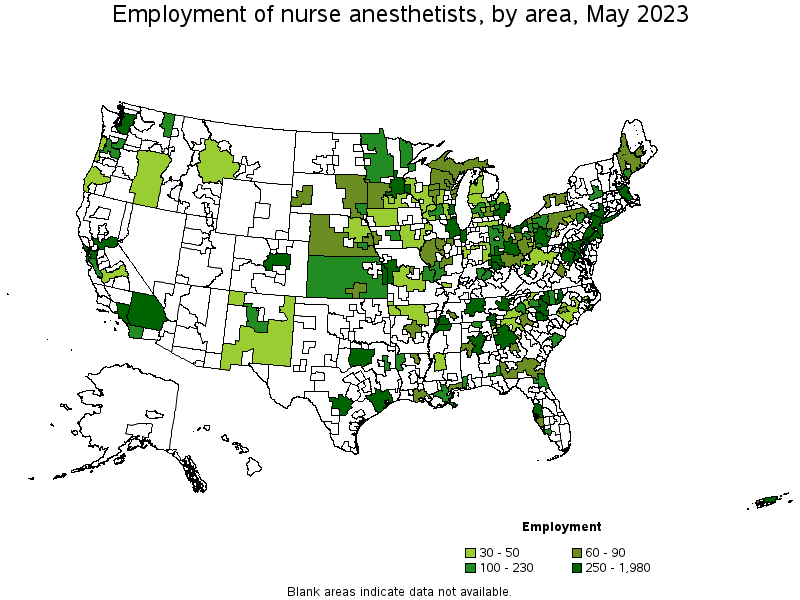 Map of employment of nurse anesthetists by area, May 2021