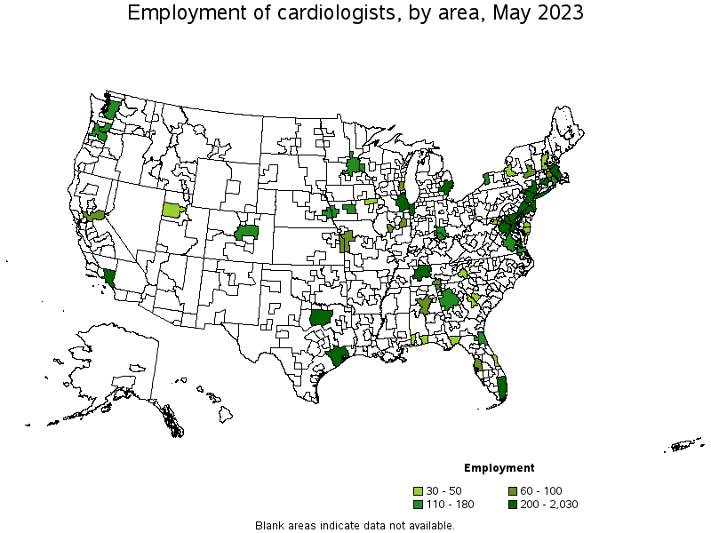 Map of employment of cardiologists by area, May 2022