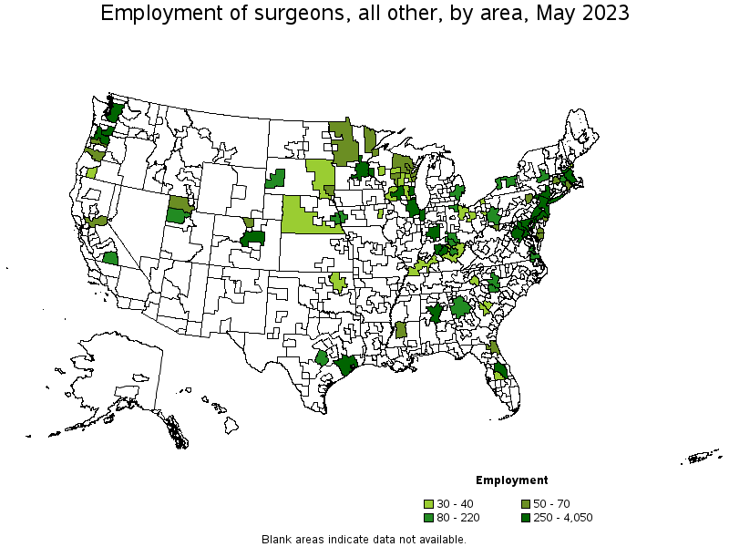 Map of employment of surgeons, all other by area, May 2022