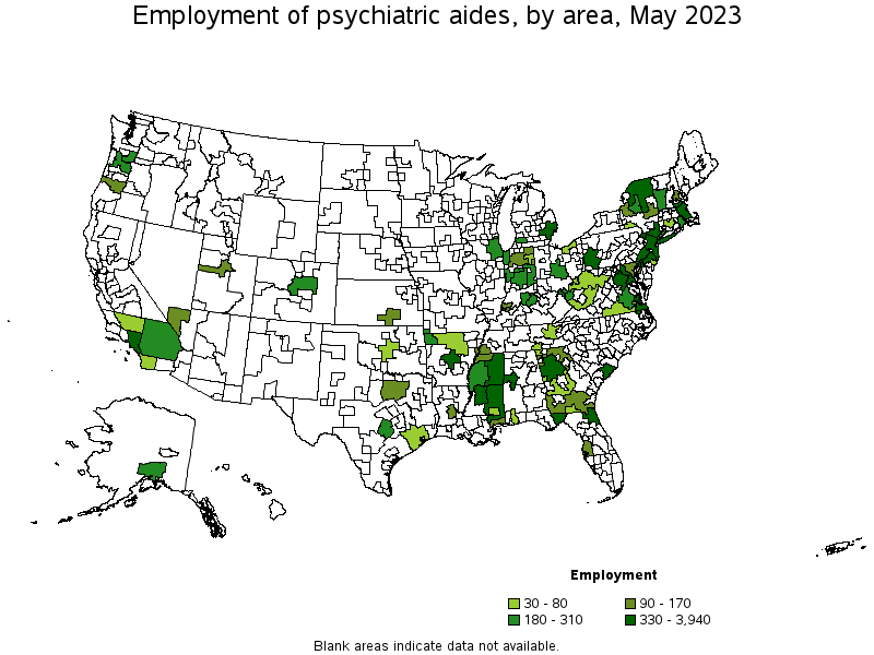 Map of employment of psychiatric aides by area, May 2022