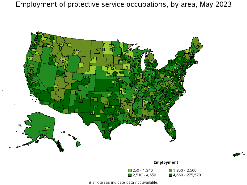 Map of employment of protective service occupations by area, May 2021