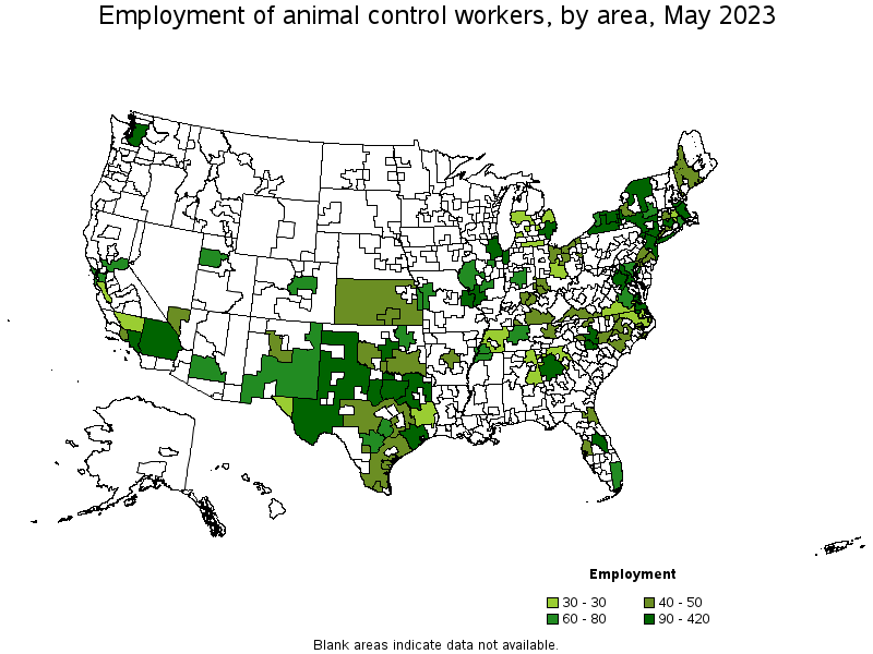 Map of employment of animal control workers by area, May 2022