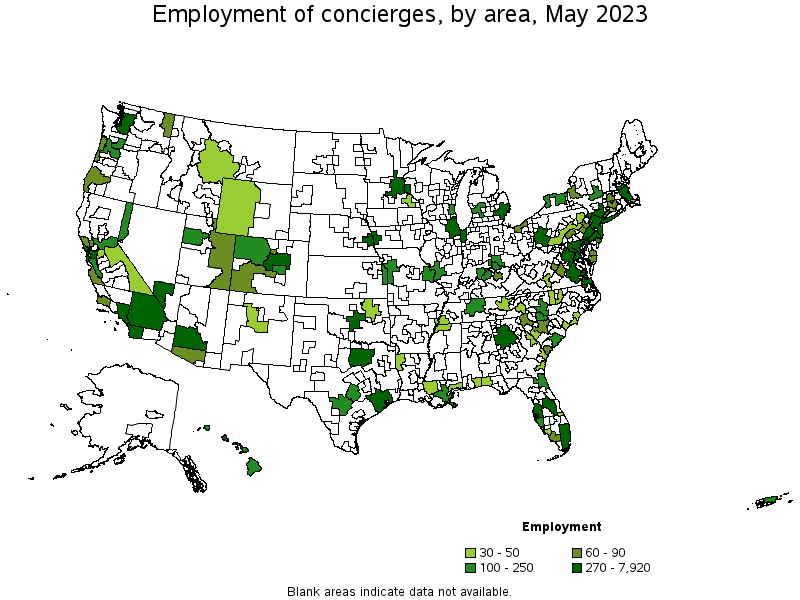 Map of employment of concierges by area, May 2022