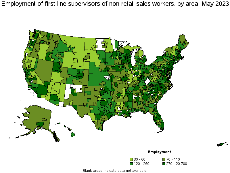 Map of employment of first-line supervisors of non-retail sales workers by area, May 2022