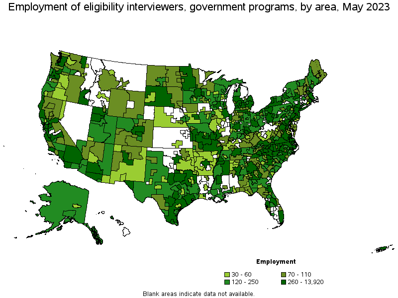 Map of employment of eligibility interviewers, government programs by area, May 2022