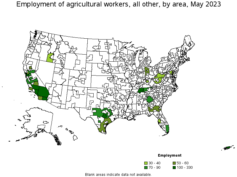 Map of employment of agricultural workers, all other by area, May 2022