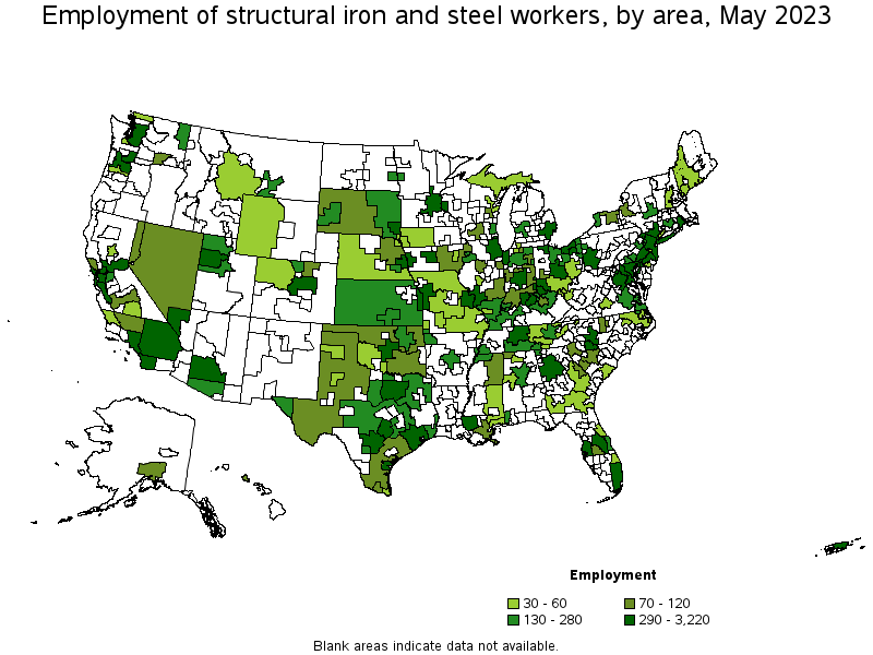 Map of employment of structural iron and steel workers by area, May 2021
