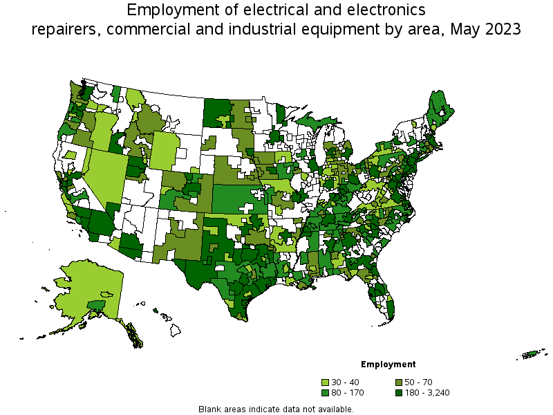 Map of employment of electrical and electronics repairers, commercial and industrial equipment by area, May 2021