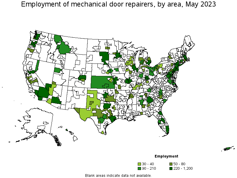 Map of employment of mechanical door repairers by area, May 2021