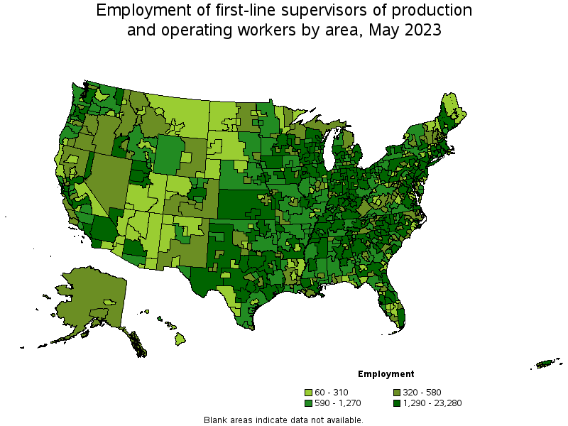 Map of employment of first-line supervisors of production and operating workers by area, May 2021
