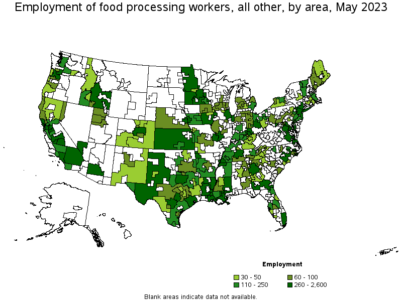 Map of employment of food processing workers, all other by area, May 2021