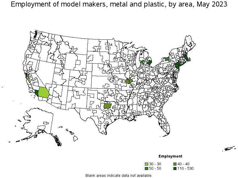 Map of employment of model makers, metal and plastic by area, May 2021