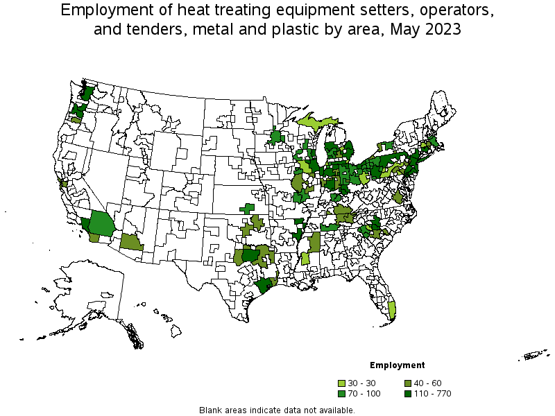 Map of employment of heat treating equipment setters, operators, and tenders, metal and plastic by area, May 2021