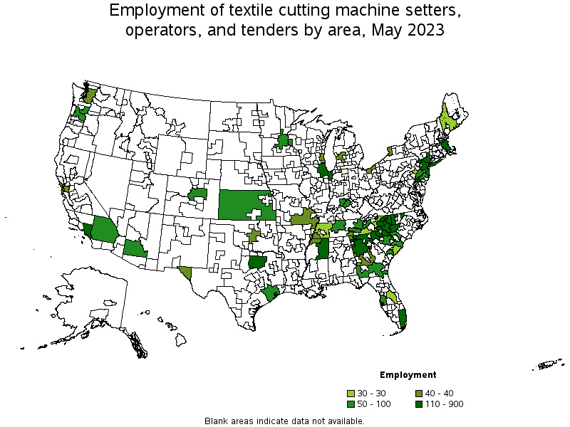 Map of employment of textile cutting machine setters, operators, and tenders by area, May 2022