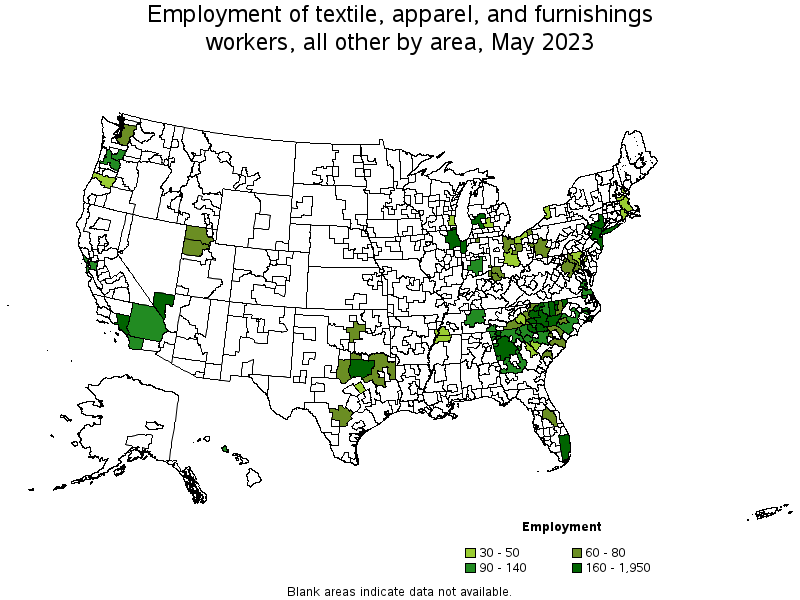 Map of employment of textile, apparel, and furnishings workers, all other by area, May 2021