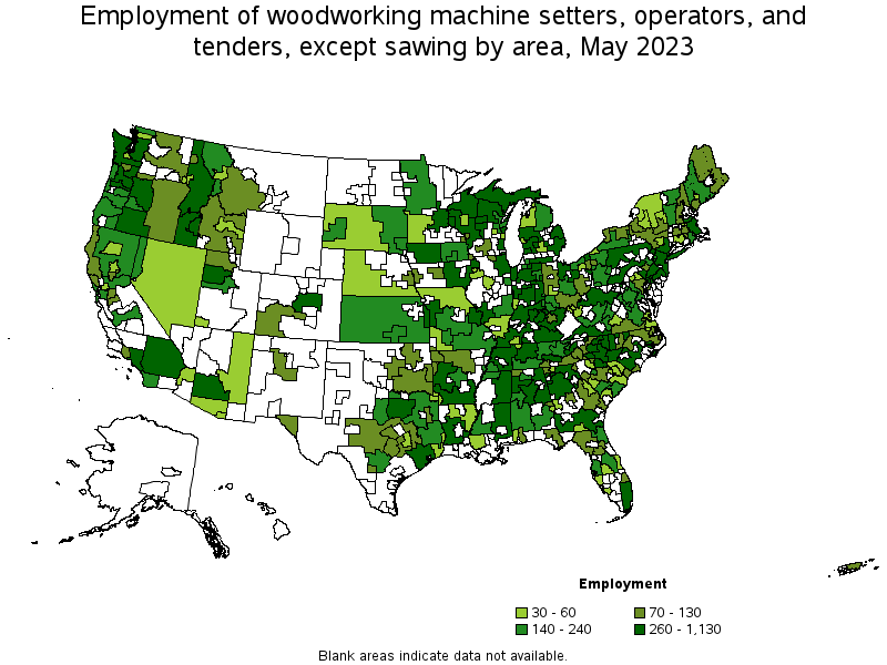 Map of employment of woodworking machine setters, operators, and tenders, except sawing by area, May 2022