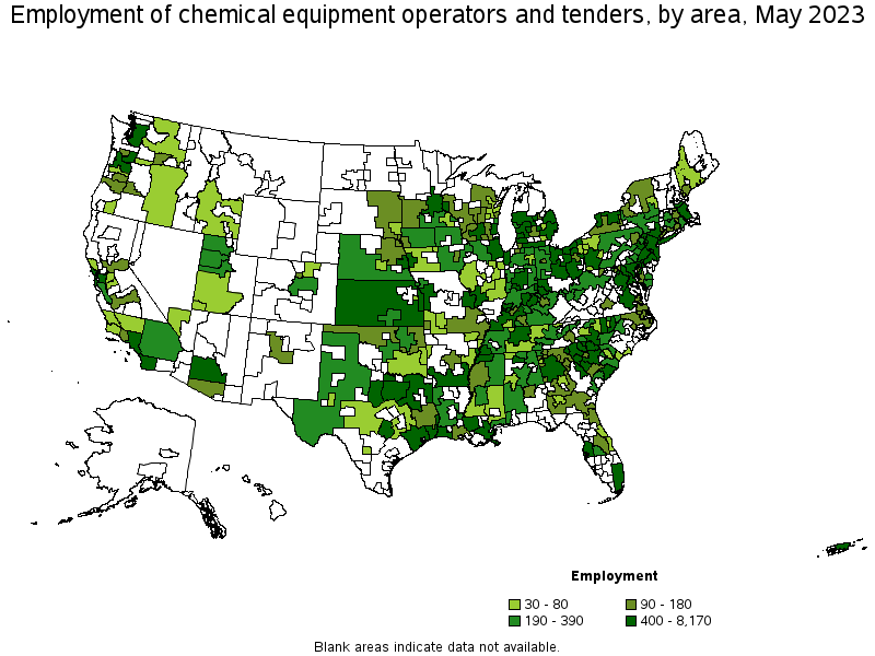 Map of employment of chemical equipment operators and tenders by area, May 2022