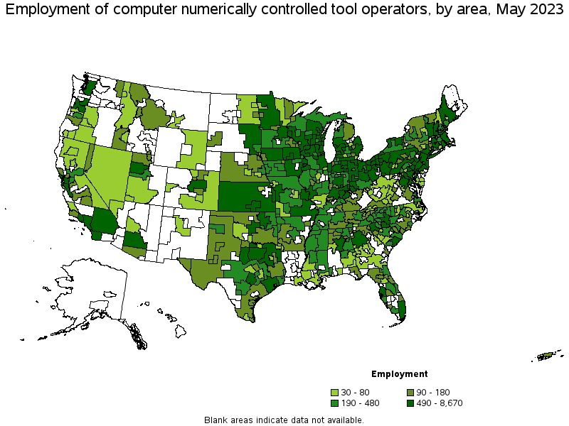 Map of employment of computer numerically controlled tool operators by area, May 2022