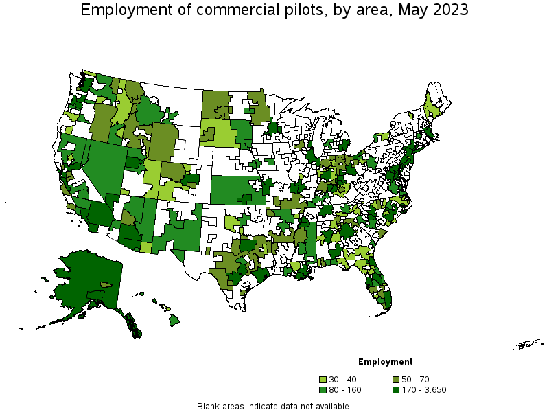 Map of employment of commercial pilots by area, May 2022