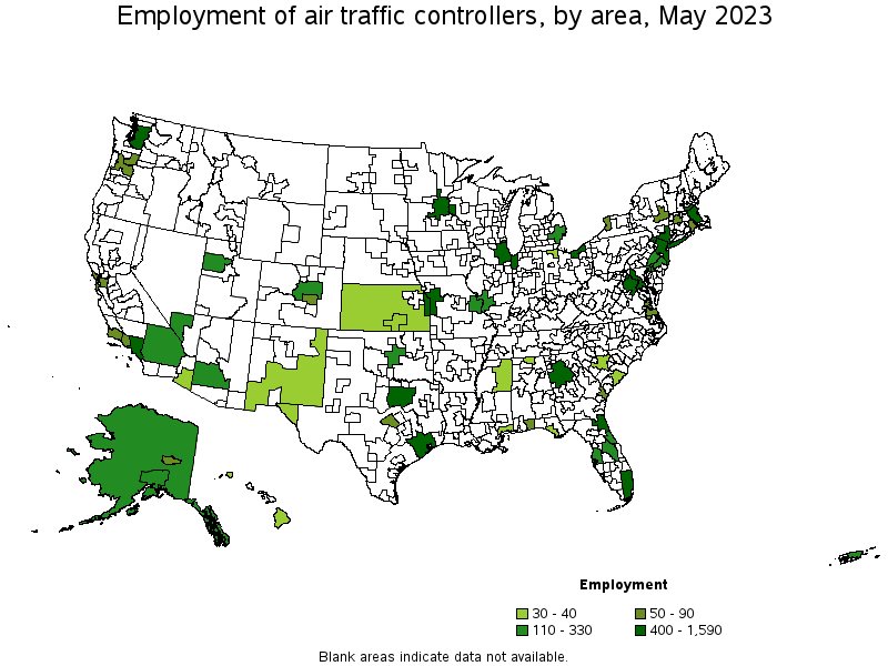 Map of employment of air traffic controllers by area, May 2022