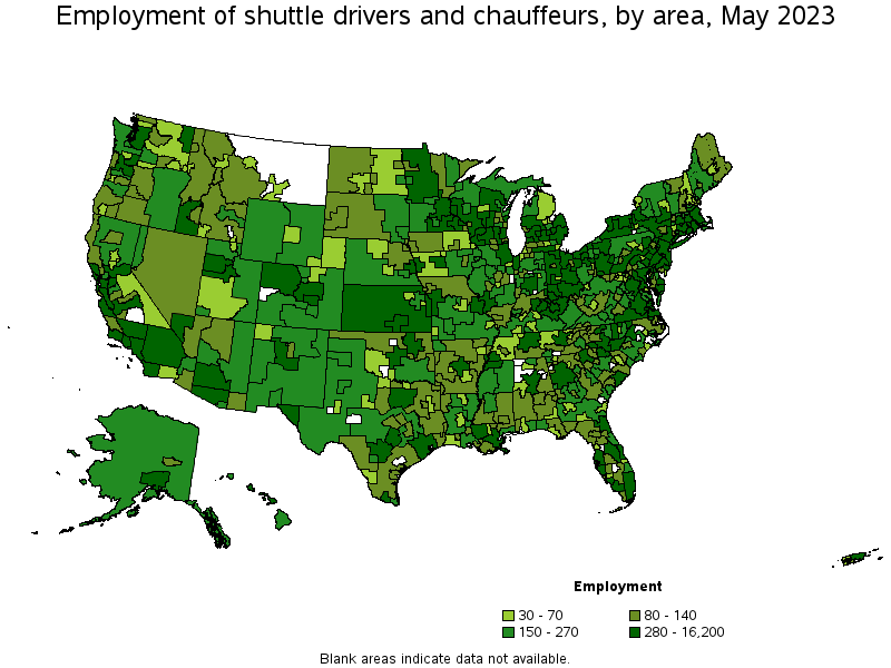 Map of employment of shuttle drivers and chauffeurs by area, May 2022