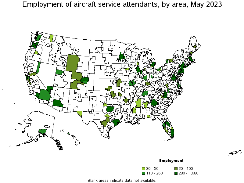 Map of employment of aircraft service attendants by area, May 2021
