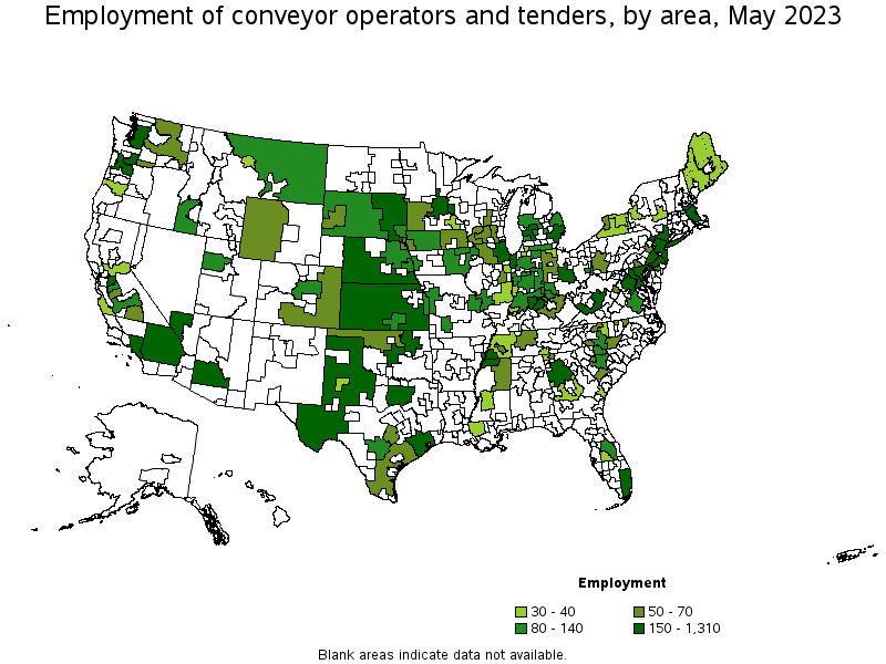 Map of employment of conveyor operators and tenders by area, May 2022