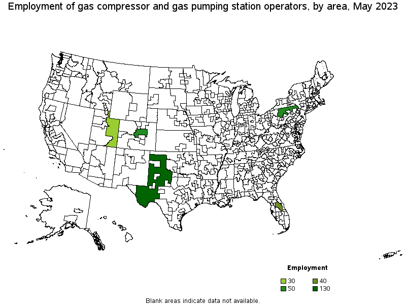Map of employment of gas compressor and gas pumping station operators by area, May 2022