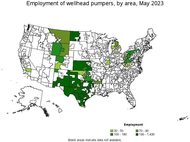 Map of employment of wellhead pumpers by area, May 2021