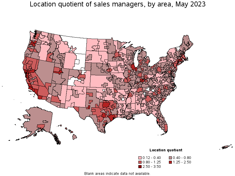 Map of location quotient of sales managers by area, May 2022
