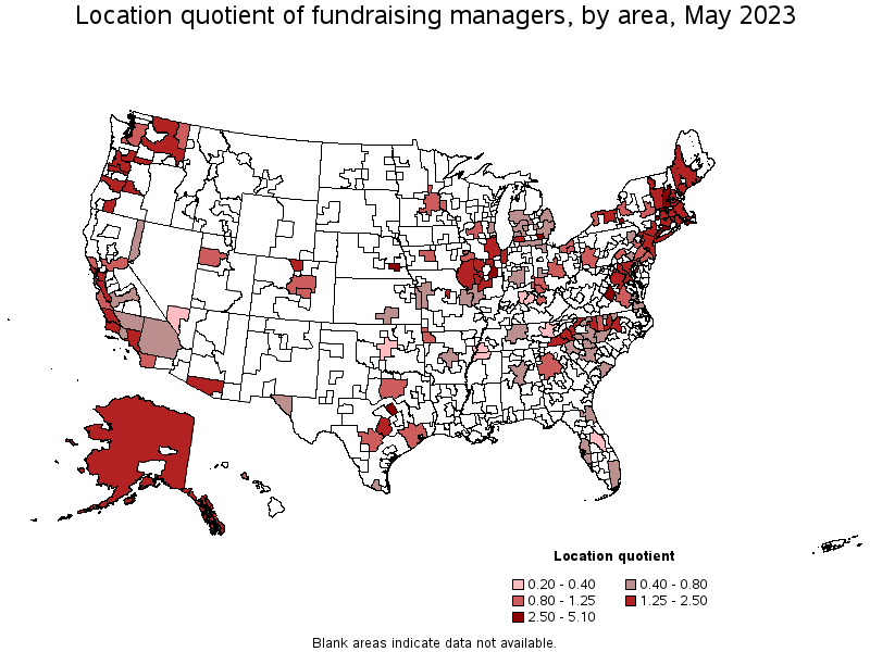 Map of location quotient of fundraising managers by area, May 2021