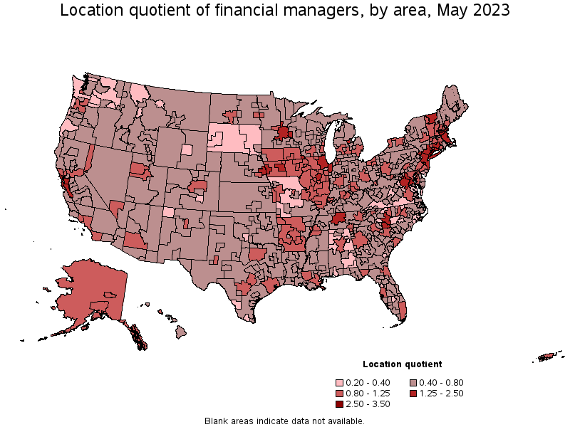 Map of location quotient of financial managers by area, May 2021