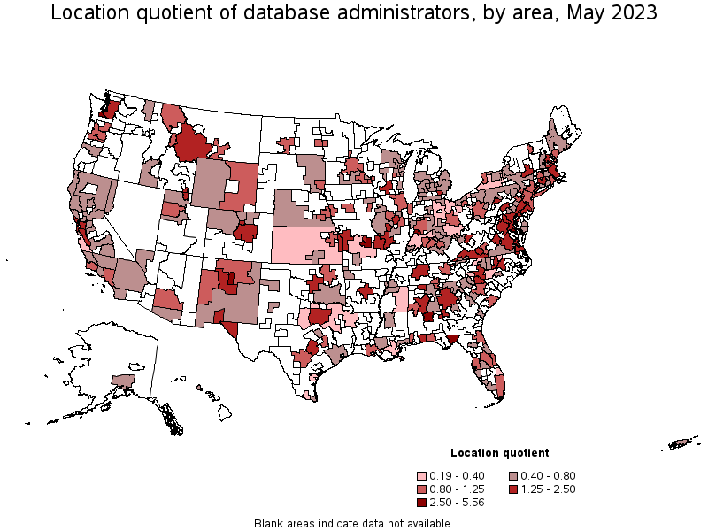 Map of location quotient of database administrators by area, May 2022