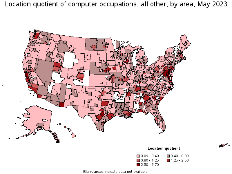 Map of location quotient of computer occupations, all other by area, May 2021