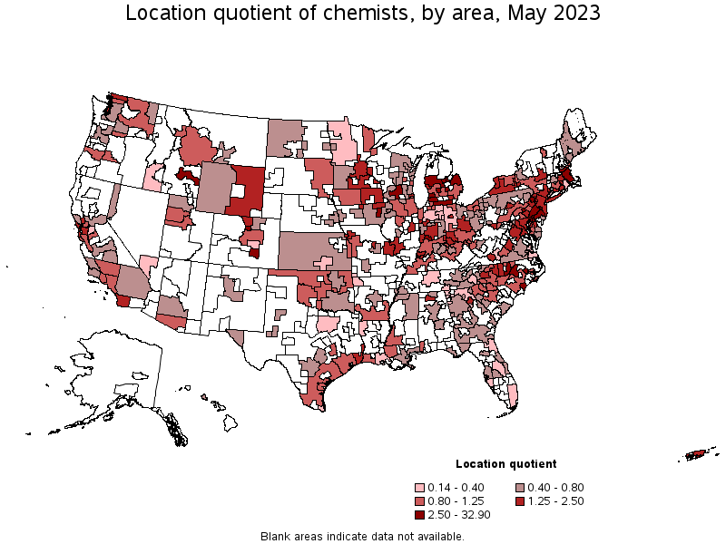 Map of location quotient of chemists by area, May 2021